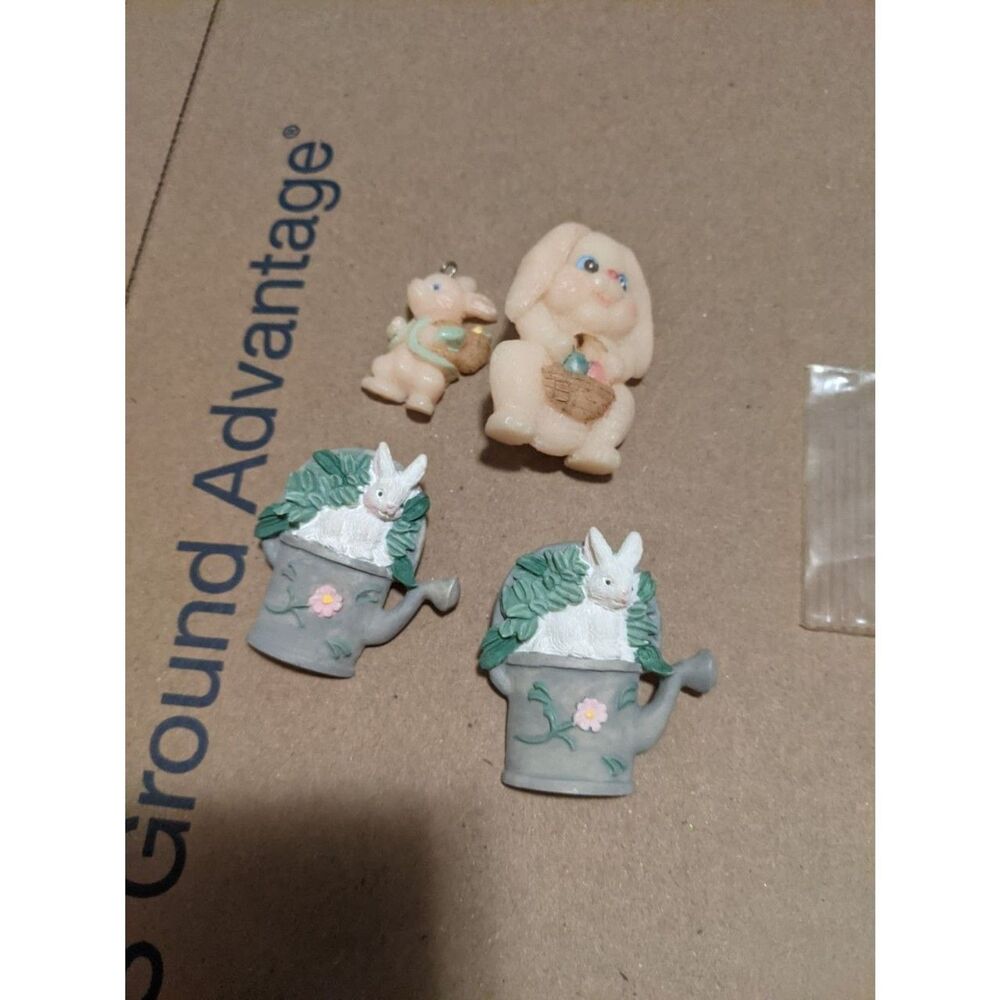 Vintage Easter Bunny Rabbit Resin Pin Charm Lot 4pc Watering Can Basket Cute